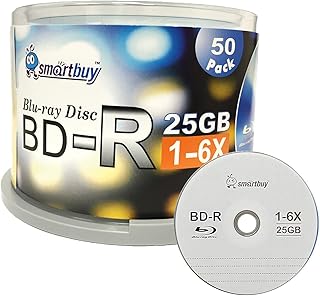 Smartbuy 50 Pack Bd-r 25gb 6x Blu-ray Single Layer Recordable Disc Logo Top Blank Data Video Media 50 Disc Spindle